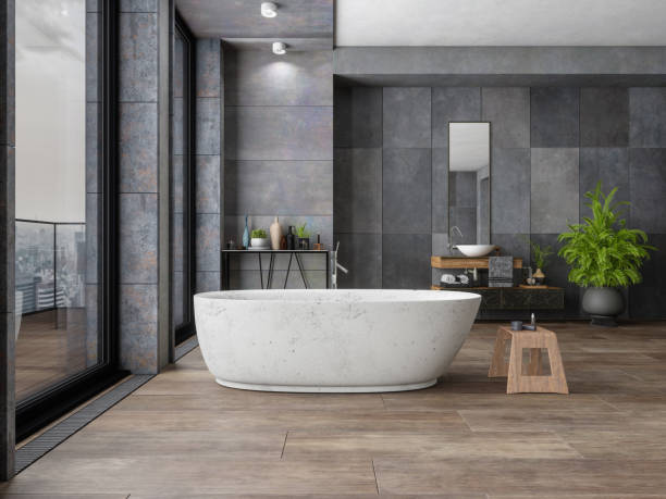 Bathroom tile dark flooring with bath tub | Terry's Floor Fashions